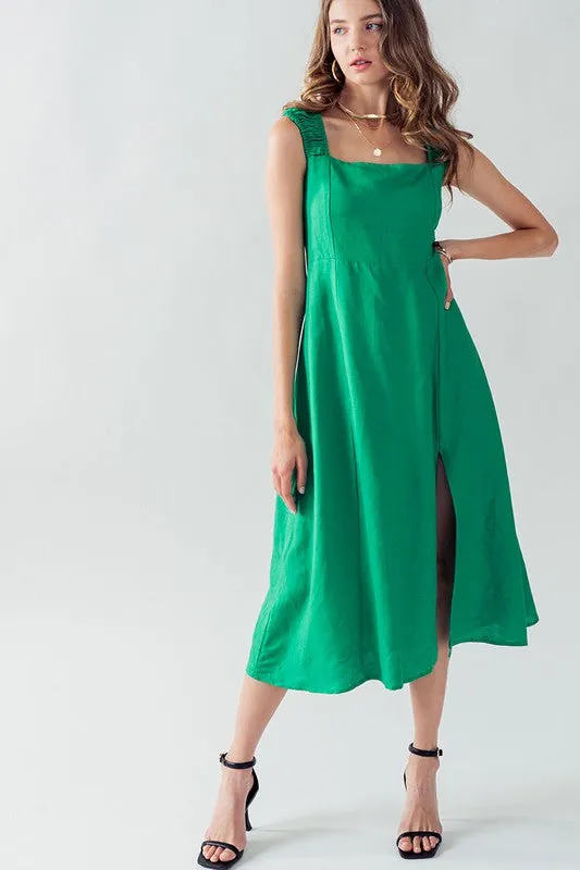 Anette Cross Back Tie Detail Side Slit Dress Green