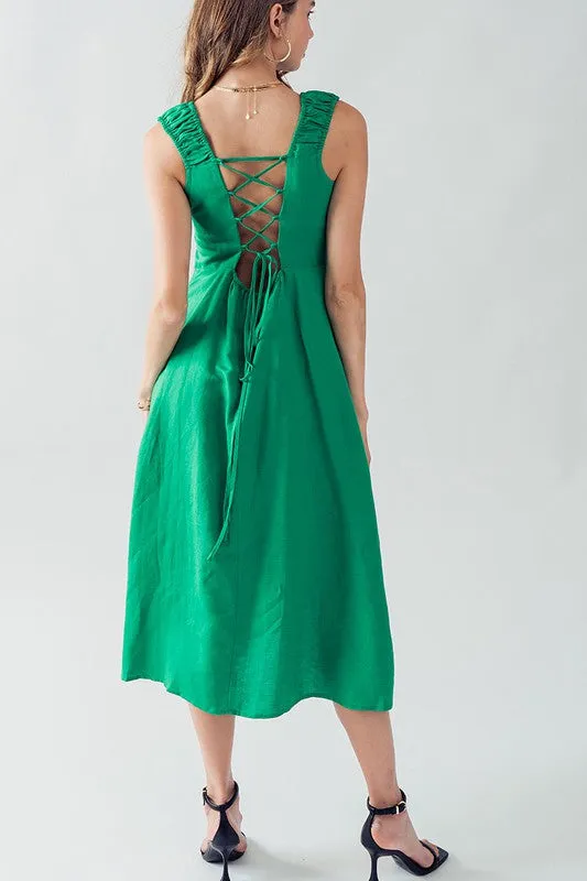 Anette Cross Back Tie Detail Side Slit Dress Green