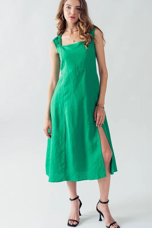 Anette Cross Back Tie Detail Side Slit Dress Green