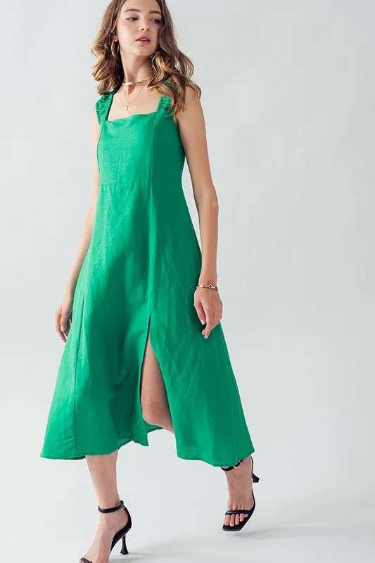 Anette Cross Back Tie Detail Side Slit Dress Green