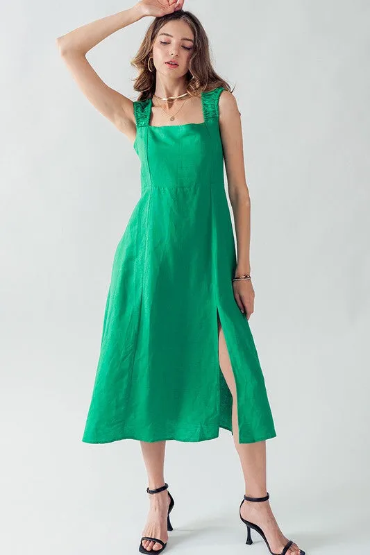 Anette Cross Back Tie Detail Side Slit Dress Green