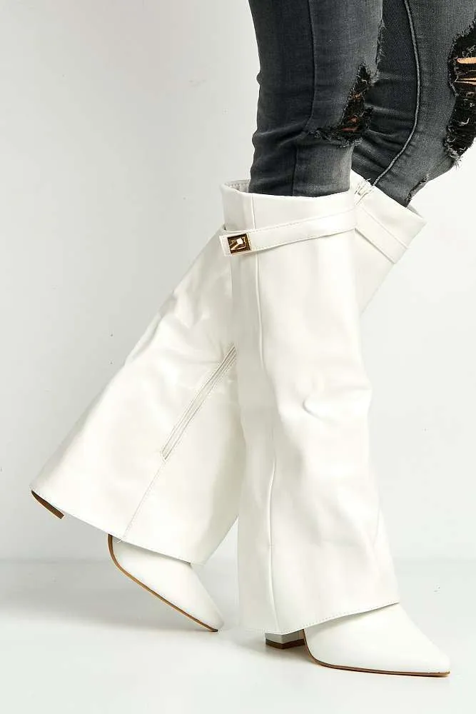 Ayla Block Heel Pointy Toe Gold Trim Buckle Collar Covered Knee High boots in White