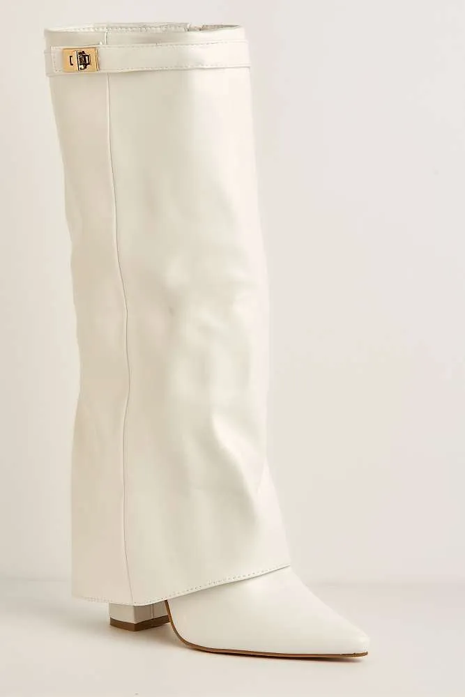 Ayla Block Heel Pointy Toe Gold Trim Buckle Collar Covered Knee High boots in White