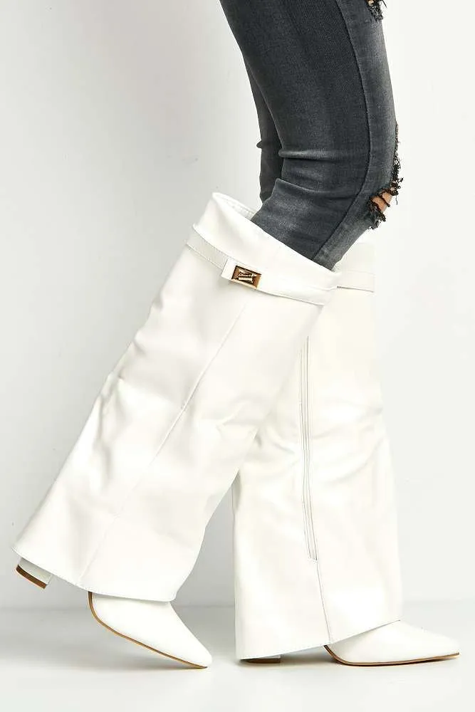 Ayla Block Heel Pointy Toe Gold Trim Buckle Collar Covered Knee High boots in White