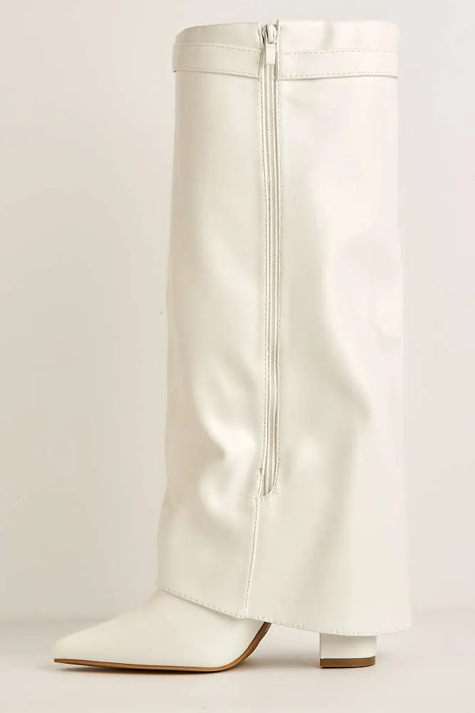 Ayla Block Heel Pointy Toe Gold Trim Buckle Collar Covered Knee High boots in White