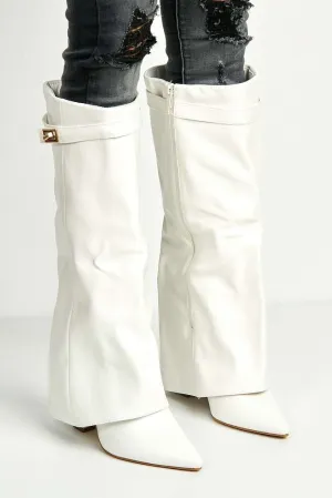 Ayla Block Heel Pointy Toe Gold Trim Buckle Collar Covered Knee High boots in White