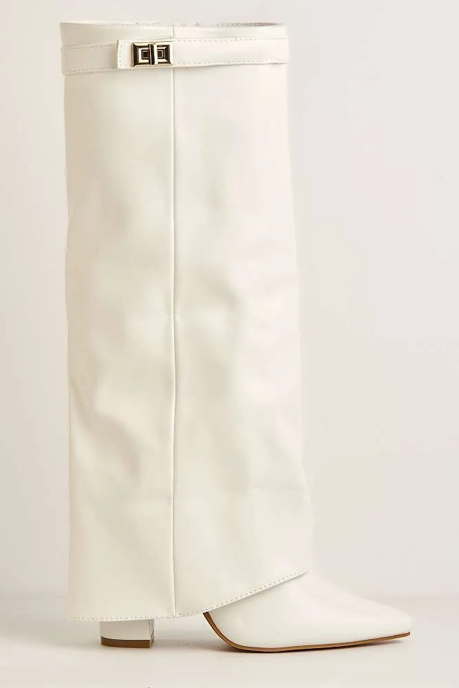 Ayla Block Heel Pointy Toe Gold Trim Buckle Collar Covered Knee High boots in White