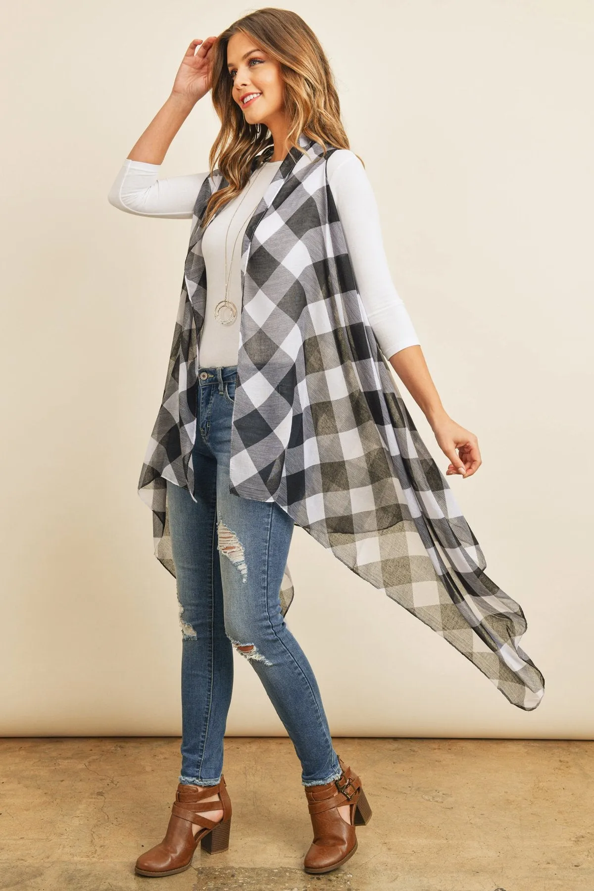 Black Plaid Knee Length Kimono Cardigan