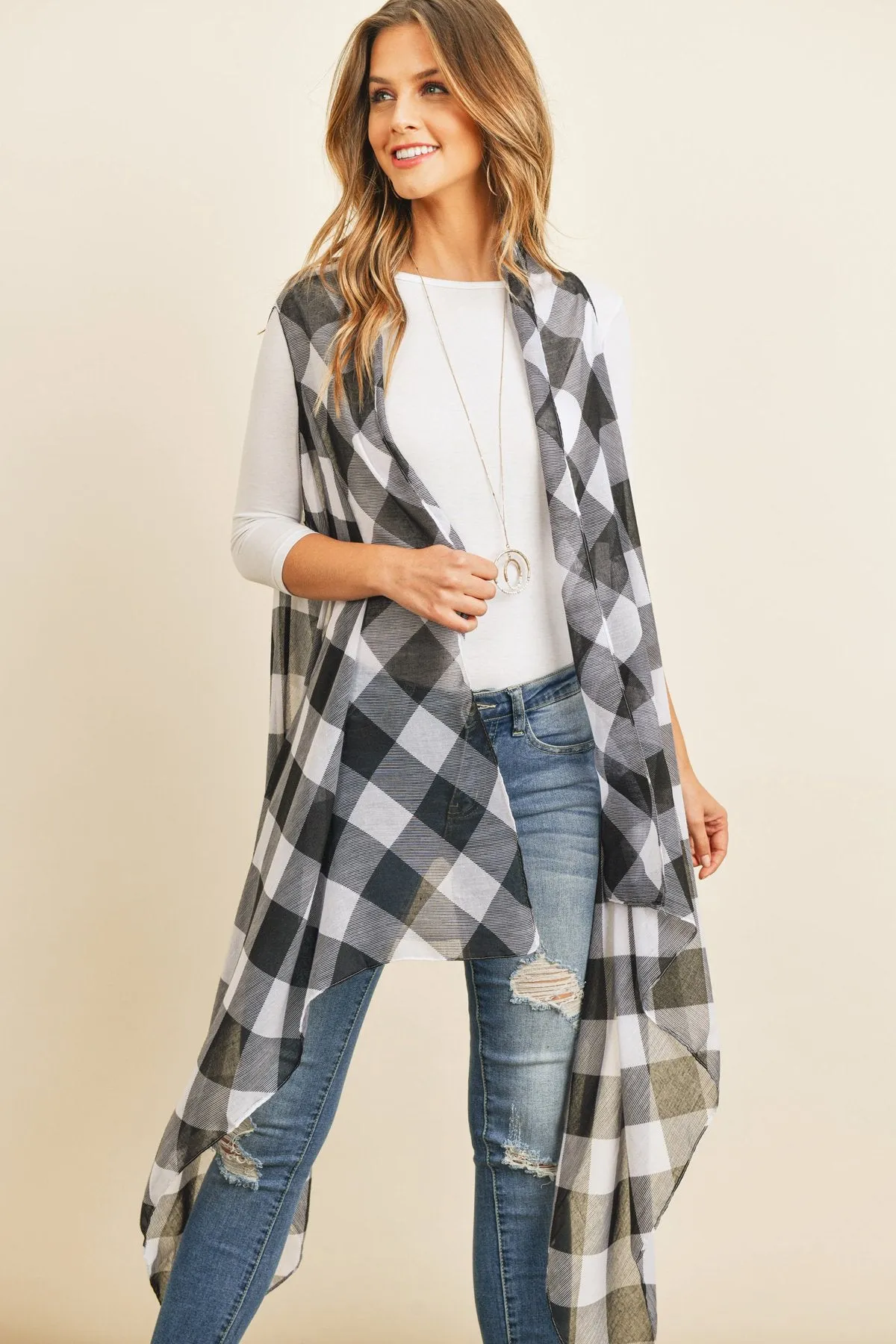 Black Plaid Knee Length Kimono Cardigan