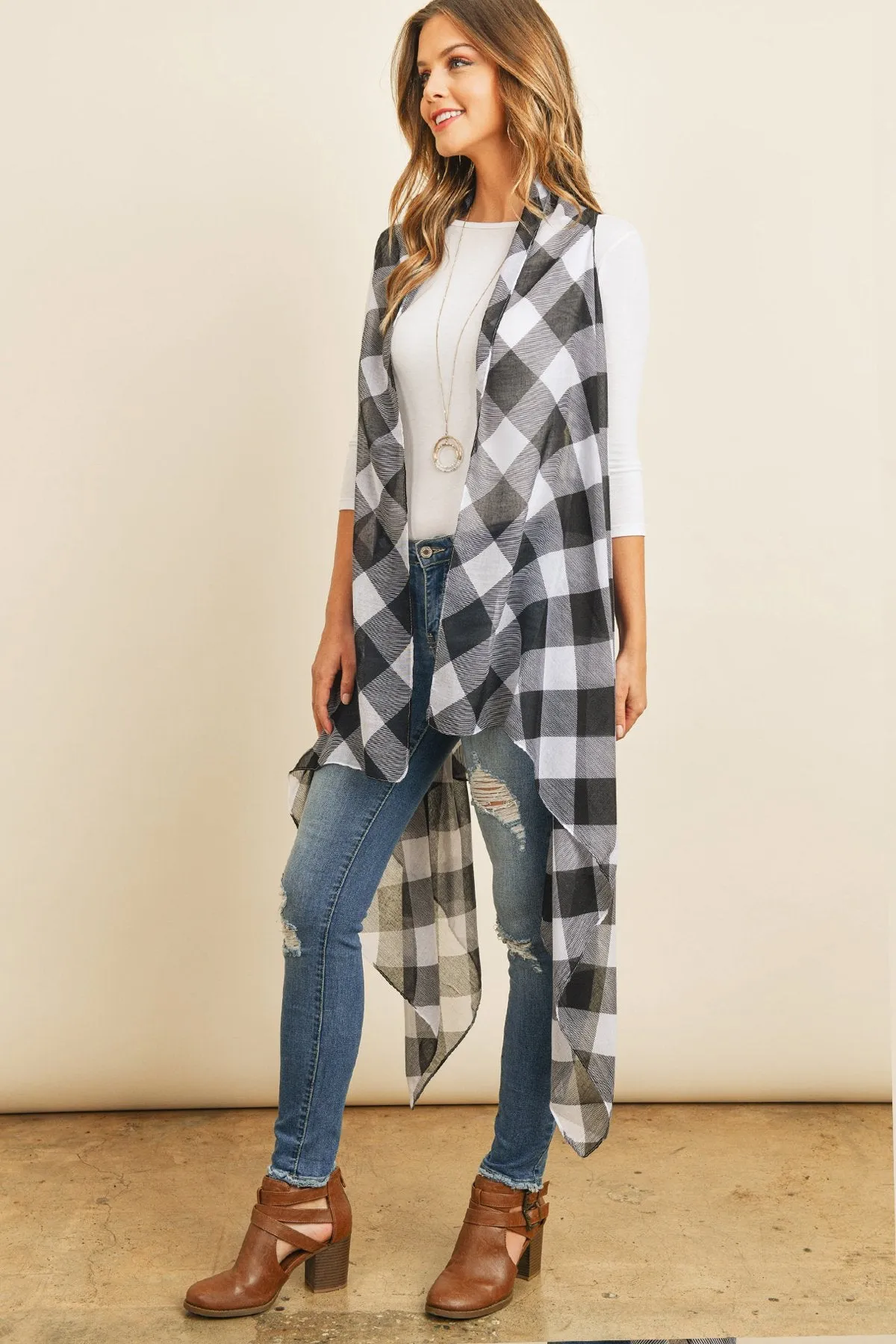 Black Plaid Knee Length Kimono Cardigan