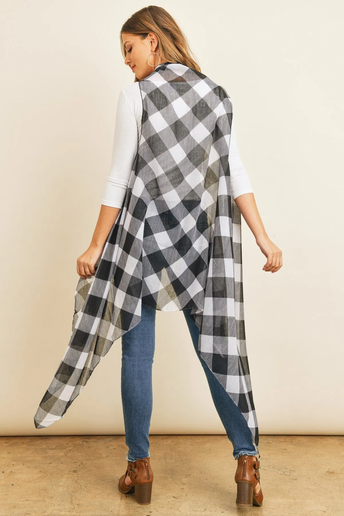 Black Plaid Knee Length Kimono Cardigan