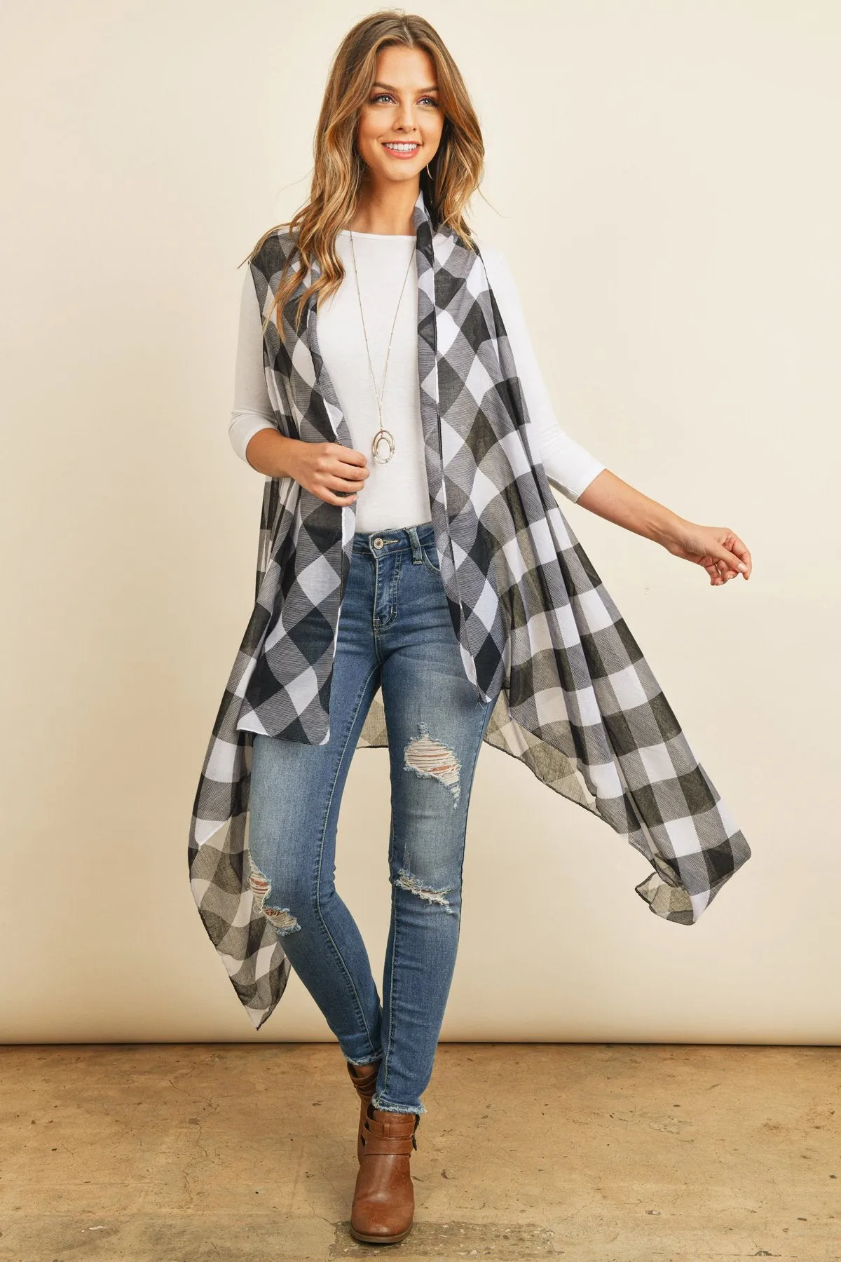 Black Plaid Knee Length Kimono Cardigan