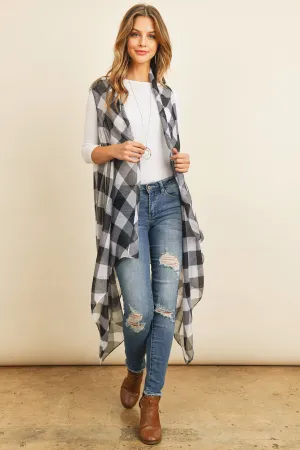 Black Plaid Knee Length Kimono Cardigan