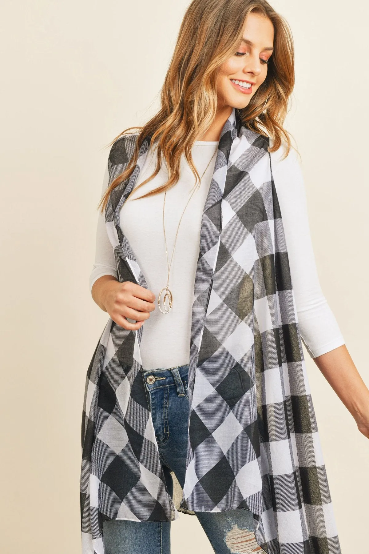 Black Plaid Knee Length Kimono Cardigan