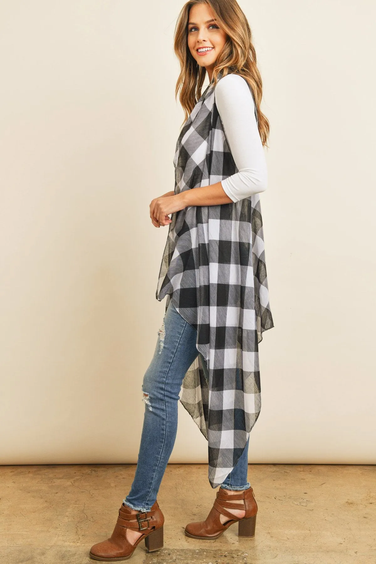 Black Plaid Knee Length Kimono Cardigan