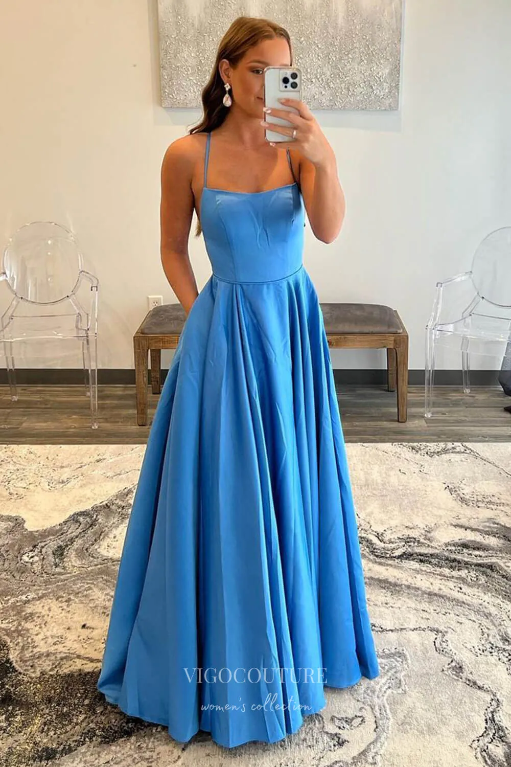 Blue Satin Prom Dress with Pockets and Spaghetti Strap 22226