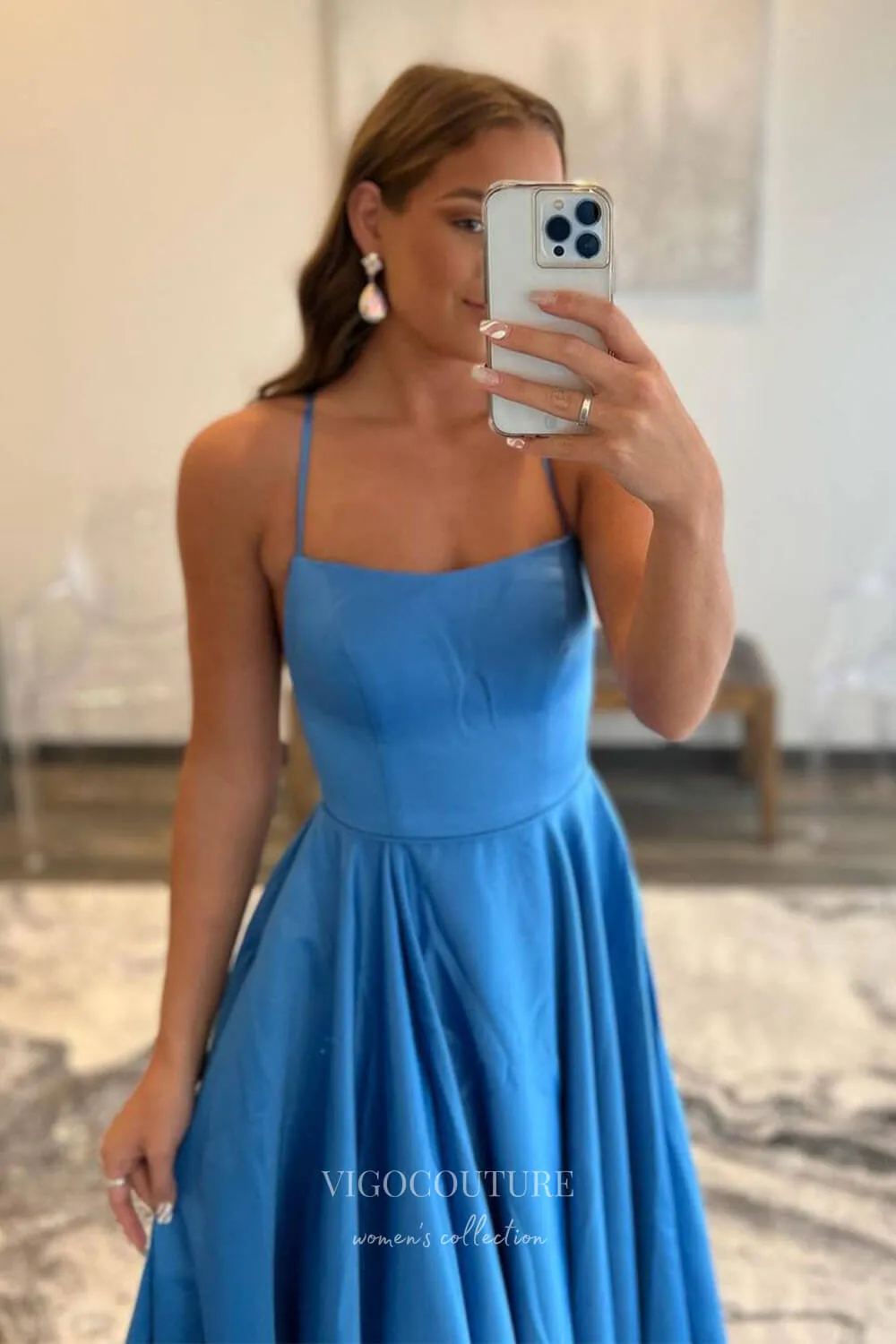 Blue Satin Prom Dress with Pockets and Spaghetti Strap 22226
