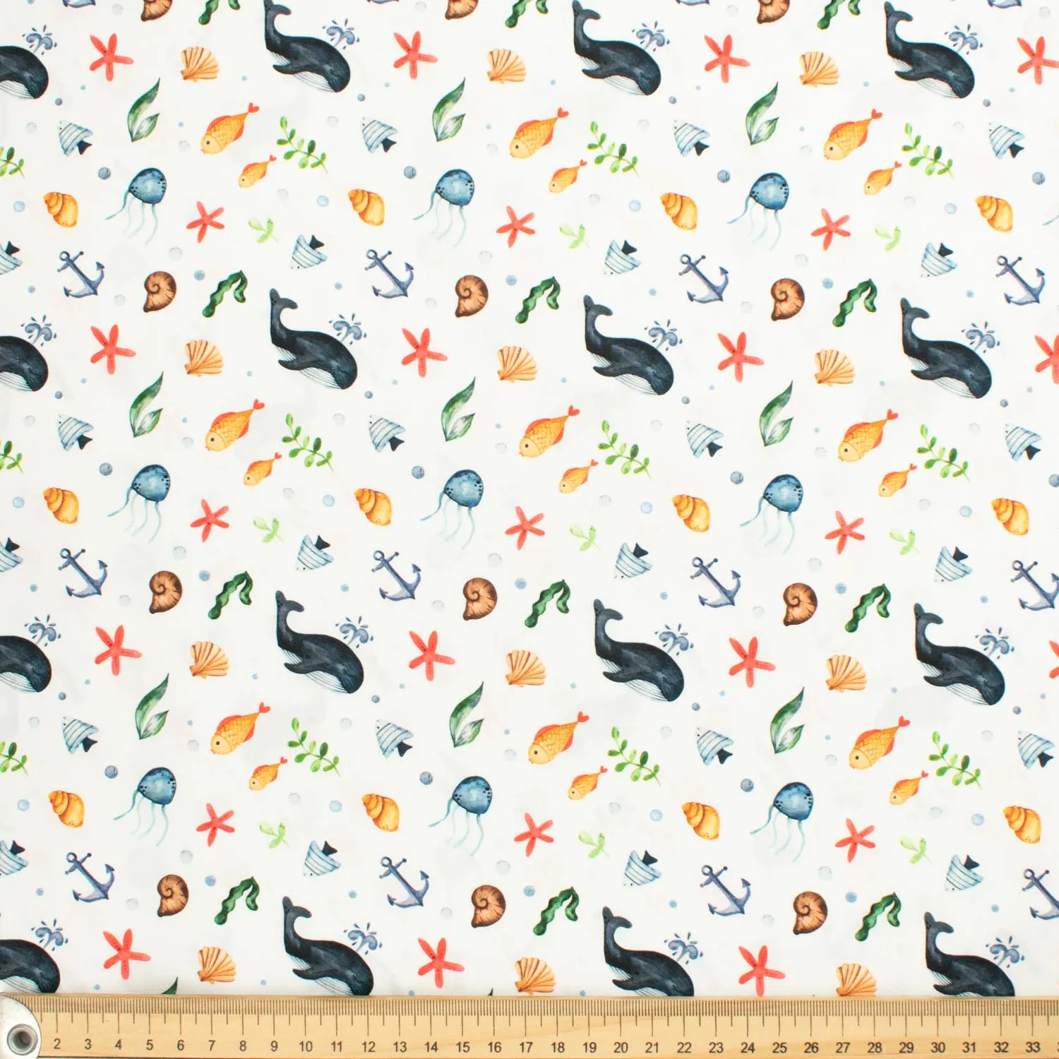 Blue Sea Collection #06 Sea Life & Seaweed on White Cotton Prints