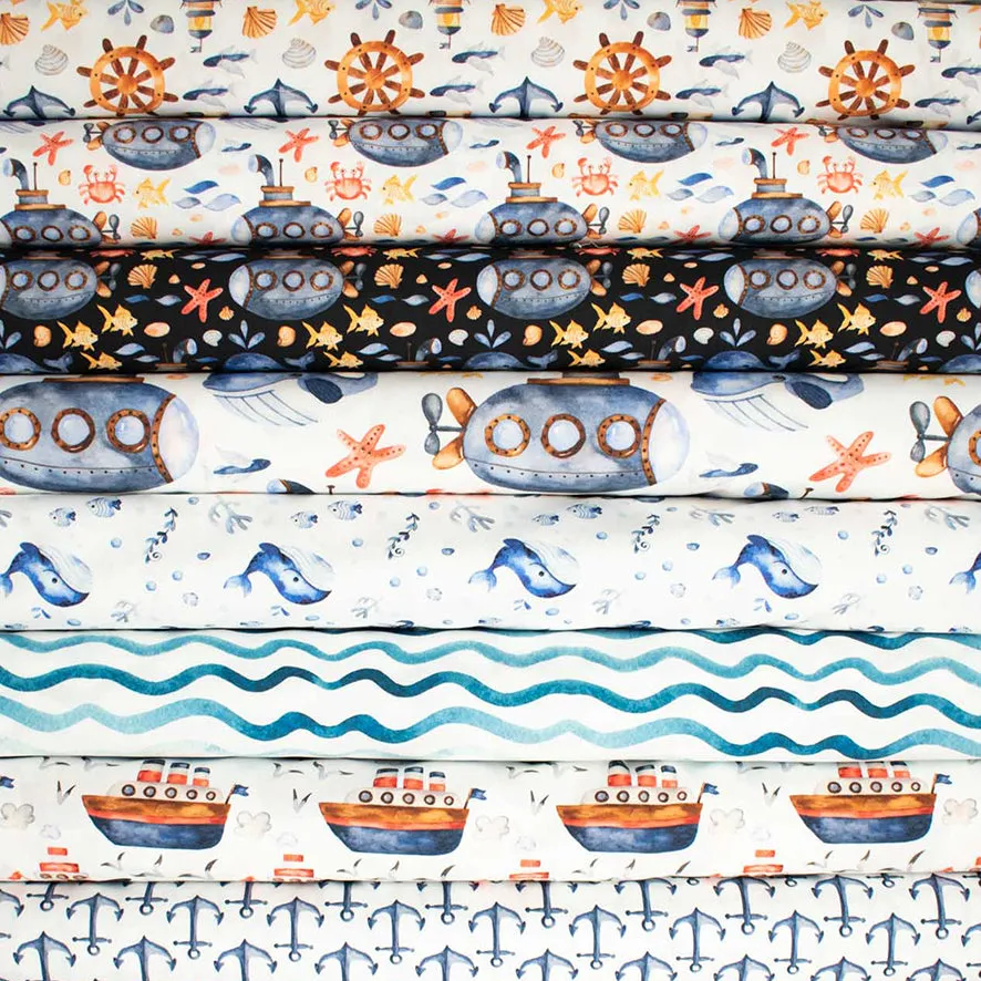 Blue Sea Collection #06 Sea Life & Seaweed on White Cotton Prints