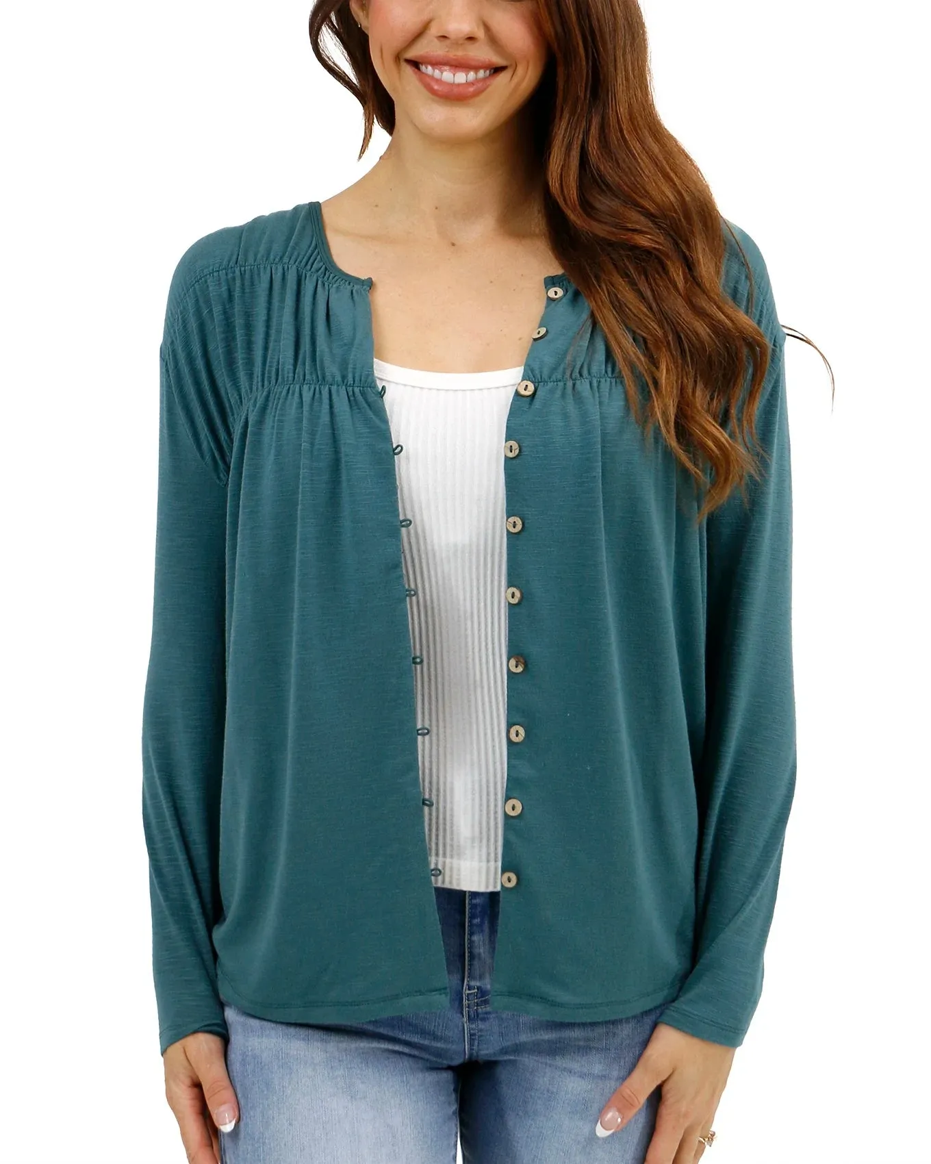 Button Front Sea Green Ruched Top