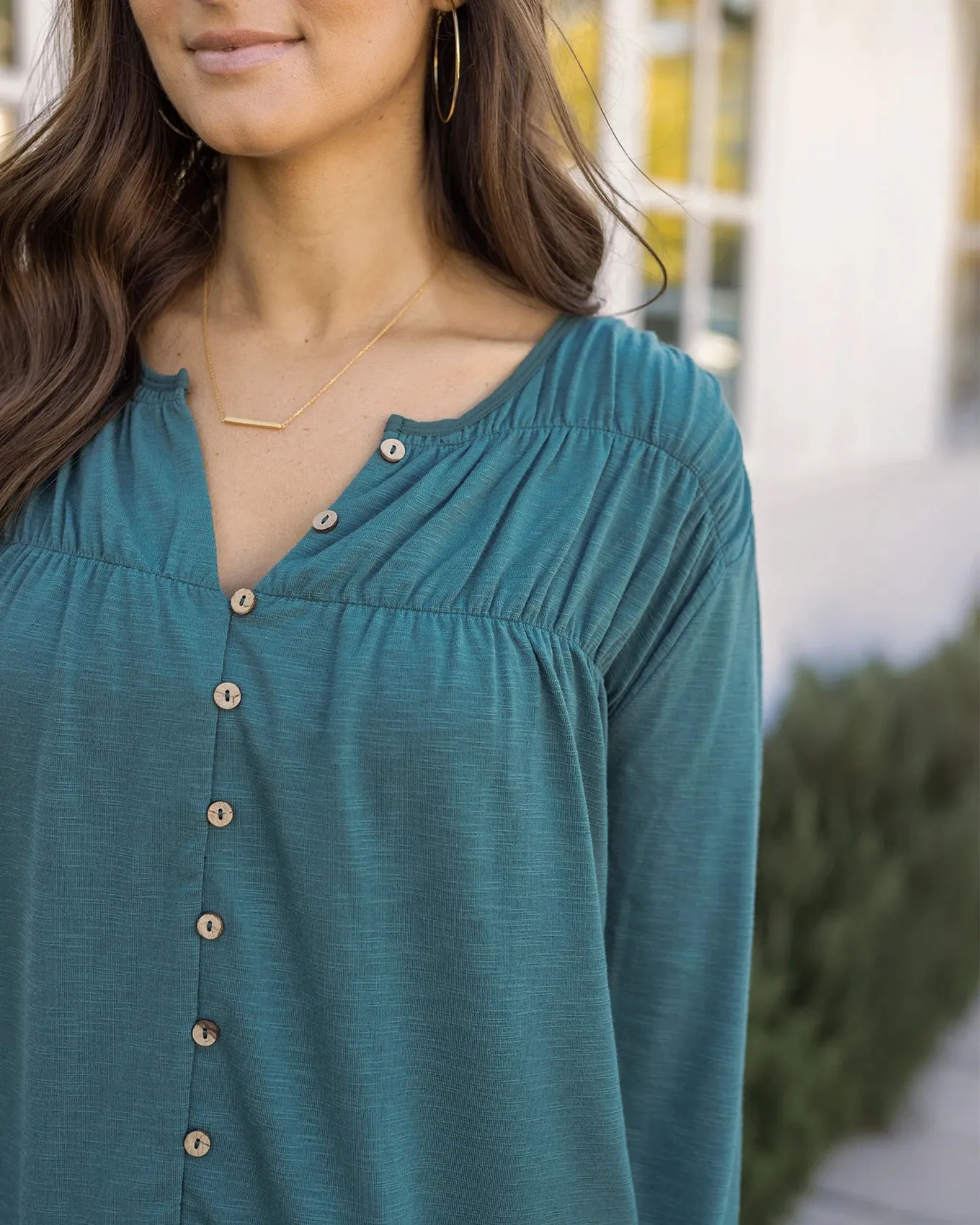 Button Front Sea Green Ruched Top