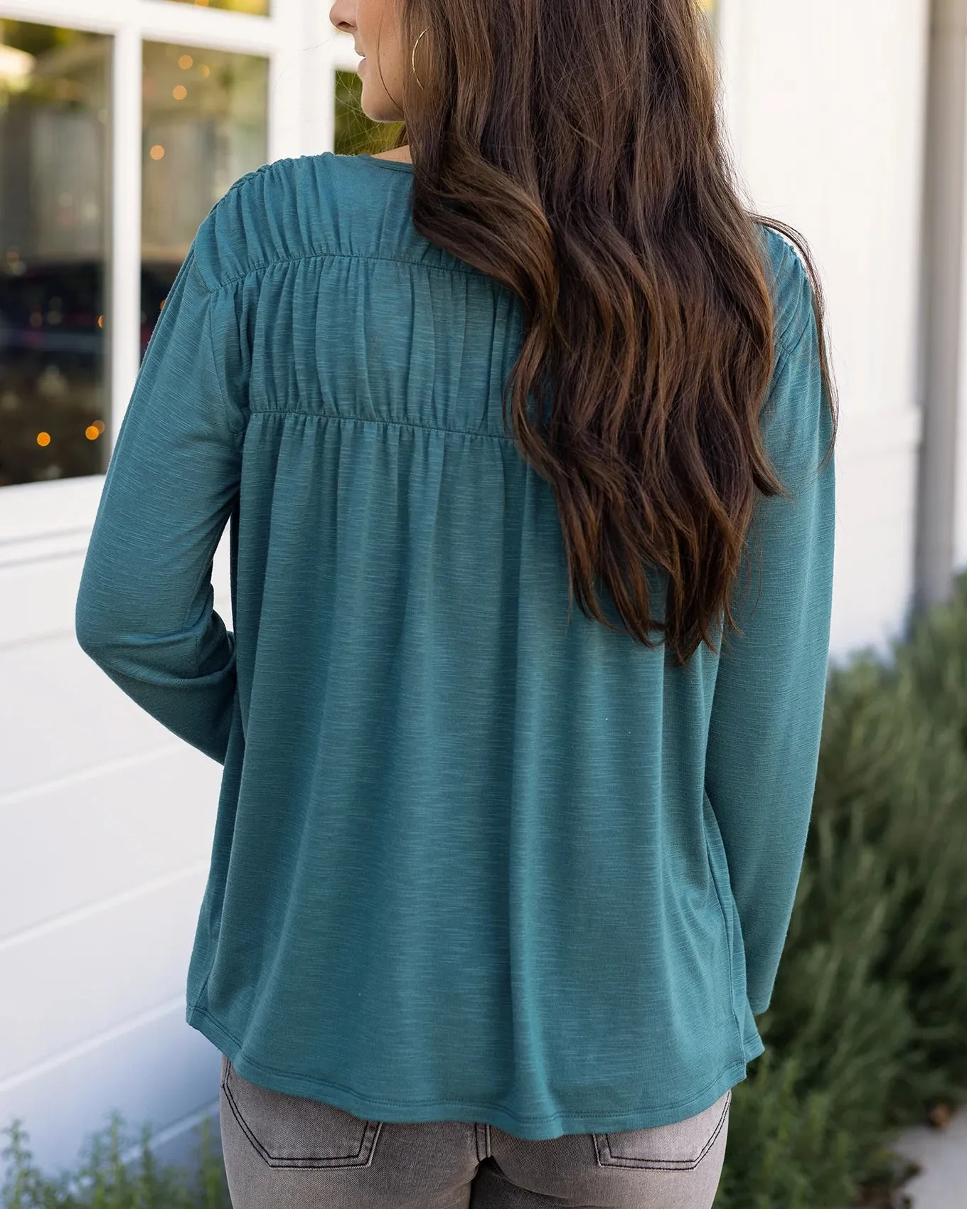 Button Front Sea Green Ruched Top