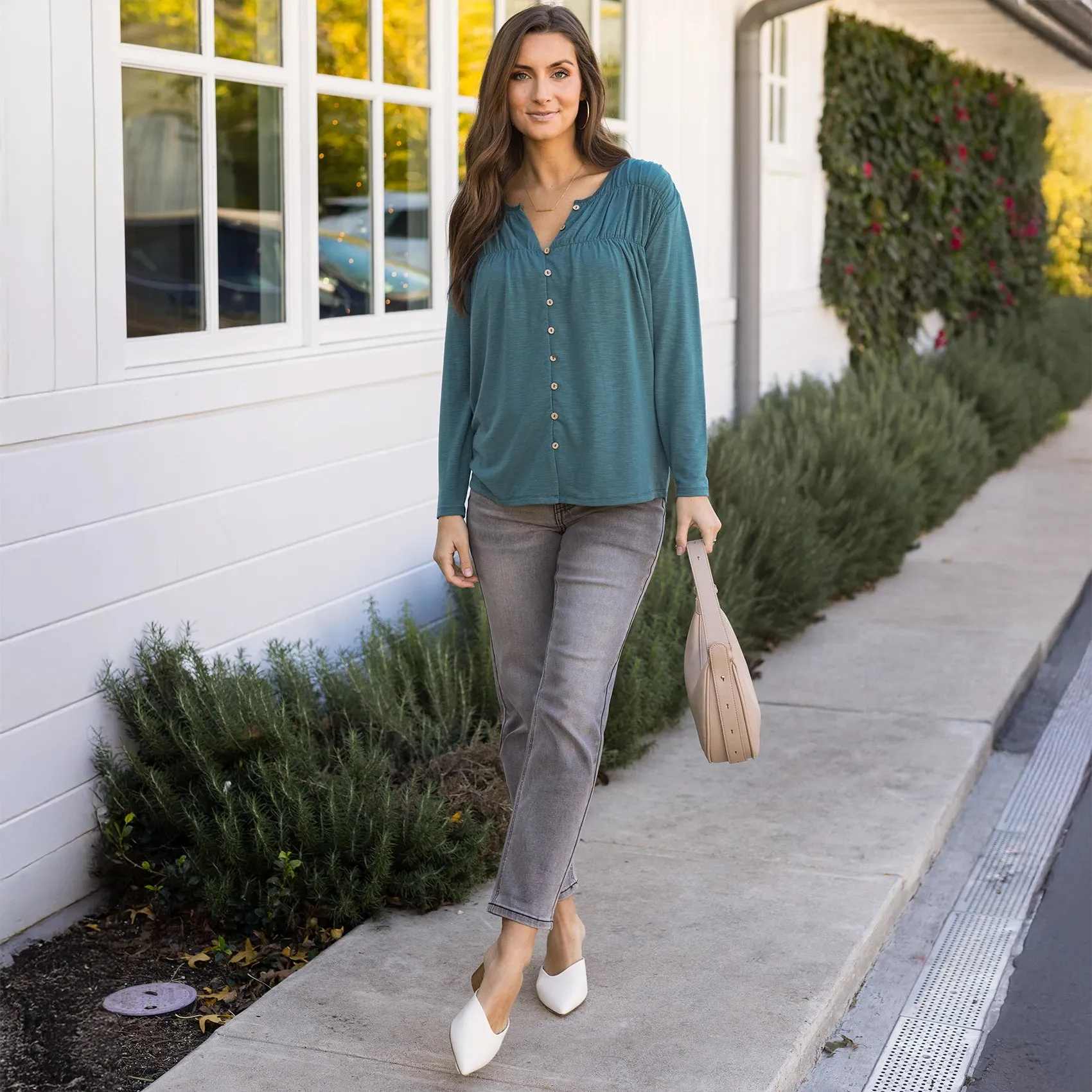 Button Front Sea Green Ruched Top