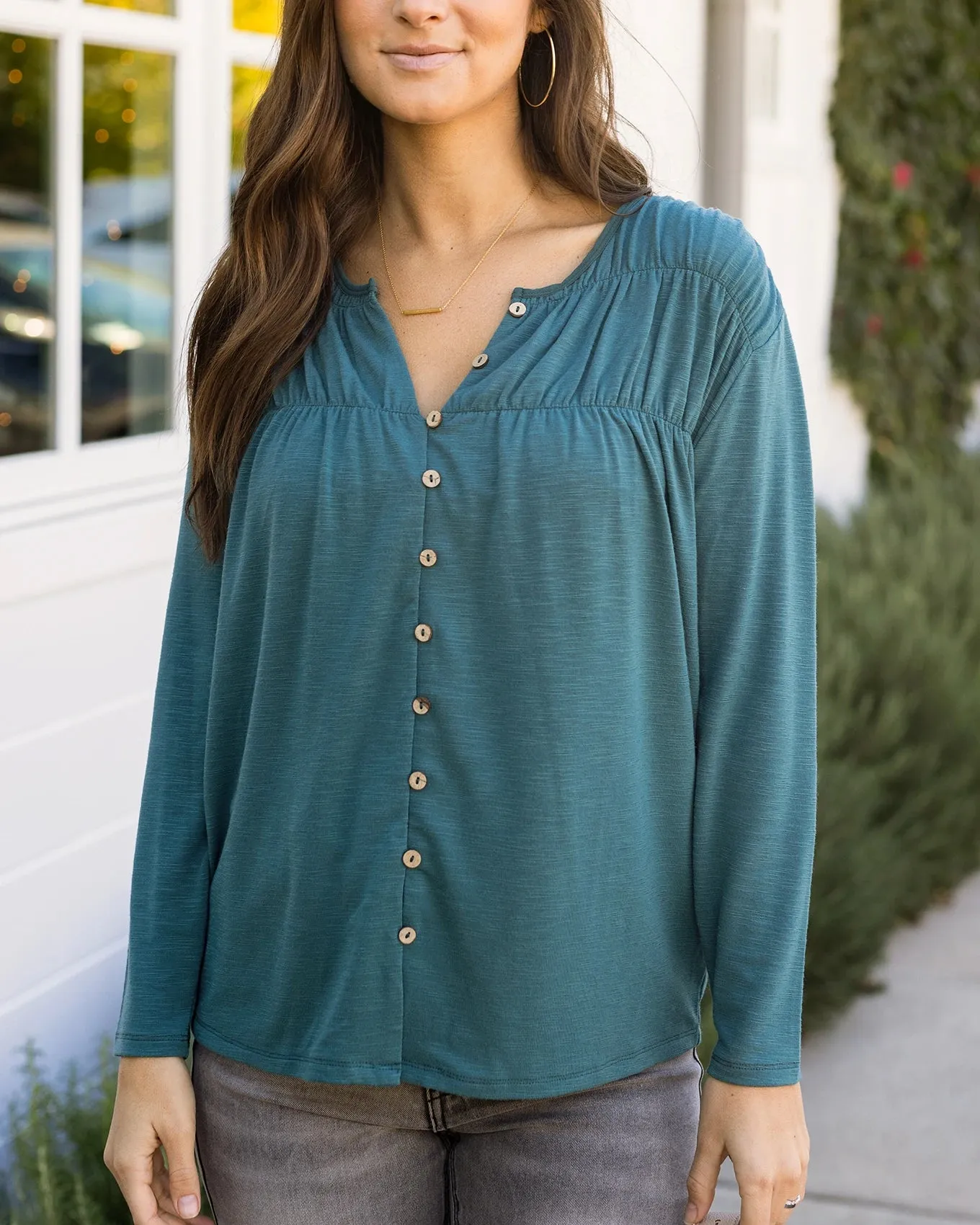 Button Front Sea Green Ruched Top