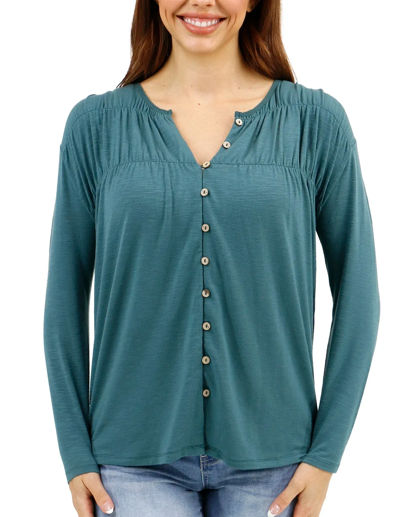 Button Front Sea Green Ruched Top
