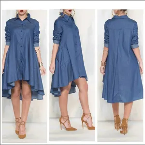 Casual Denim Blue Pockets Shirt Irregular Loose Dress