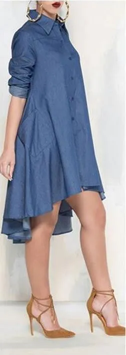 Casual Denim Blue Pockets Shirt Irregular Loose Dress