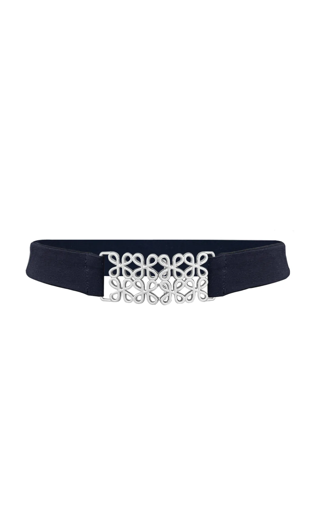 DECORATIVE CLASP BELT IN NAVY AND SILVER