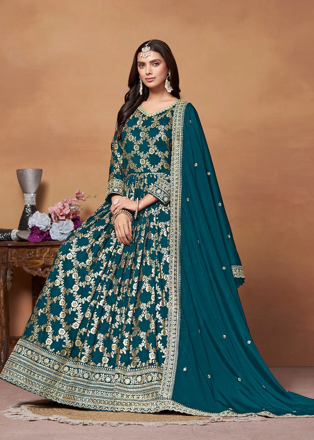 Dola Jacquard Rama Embroidered Festive Anarkali Suit