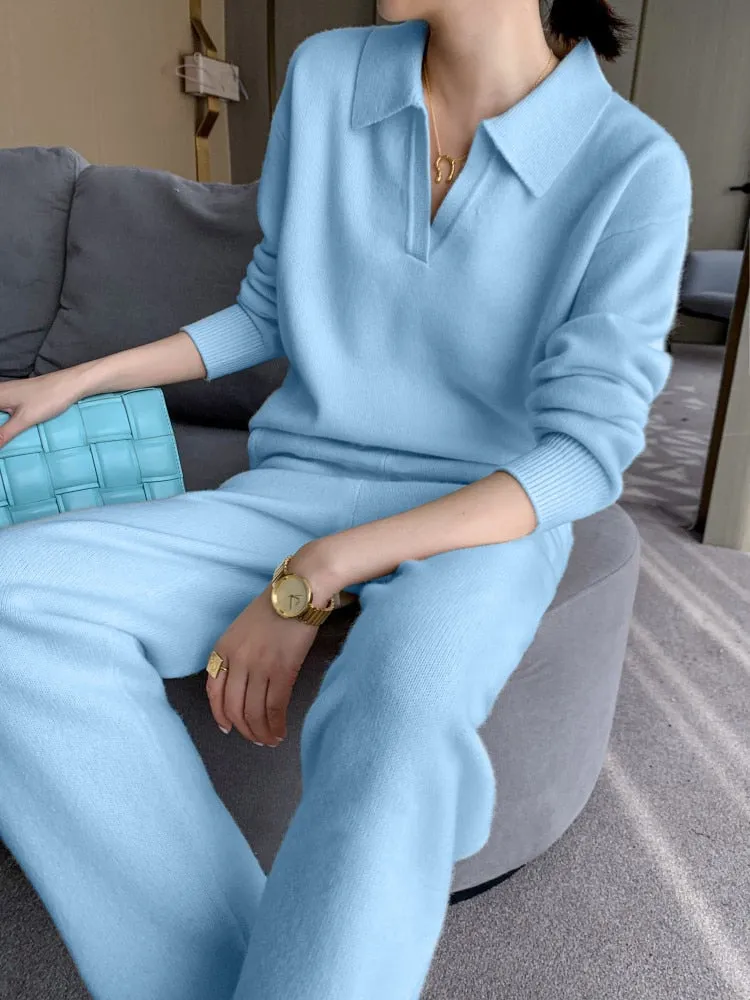 Fashionkova  Chic Soft Knitted Sweater Pants Suits Women Autumn Winter Casual Fashion Ladies Sets 2 Pieces V-Neck Loose Female Tops