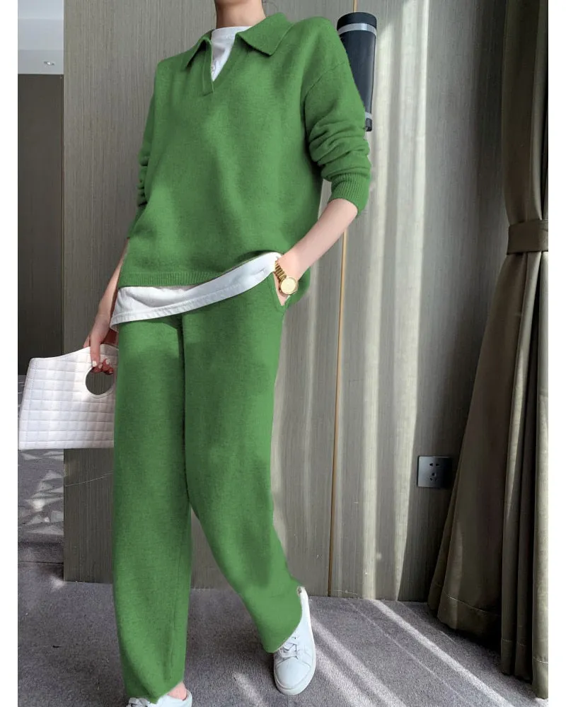Fashionkova  Chic Soft Knitted Sweater Pants Suits Women Autumn Winter Casual Fashion Ladies Sets 2 Pieces V-Neck Loose Female Tops