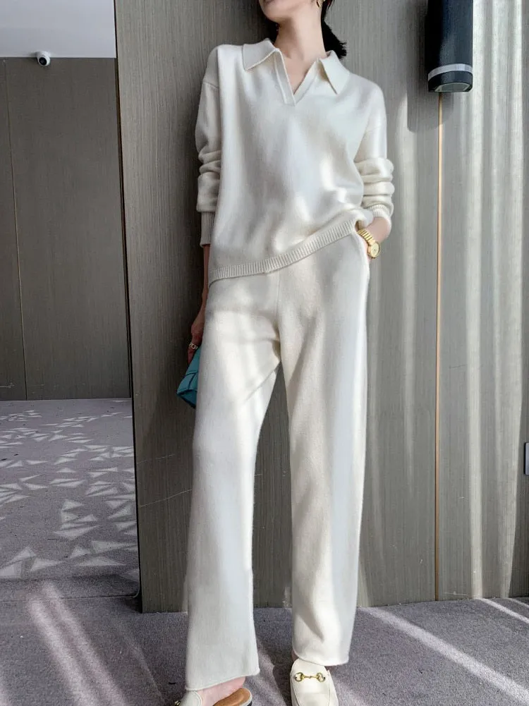Fashionkova  Chic Soft Knitted Sweater Pants Suits Women Autumn Winter Casual Fashion Ladies Sets 2 Pieces V-Neck Loose Female Tops