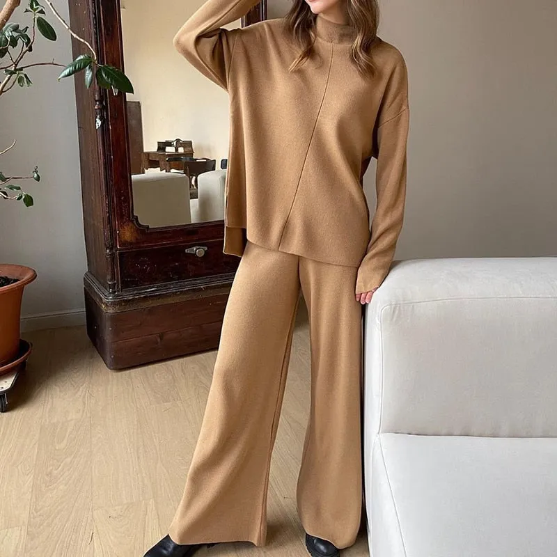 Fashionkova   Winter Knitted Tracksuit Women Sweater Top And Wide Leg Pants 2022 Fashion Two Piece Sets Womens Outifits Elegant Green Suits