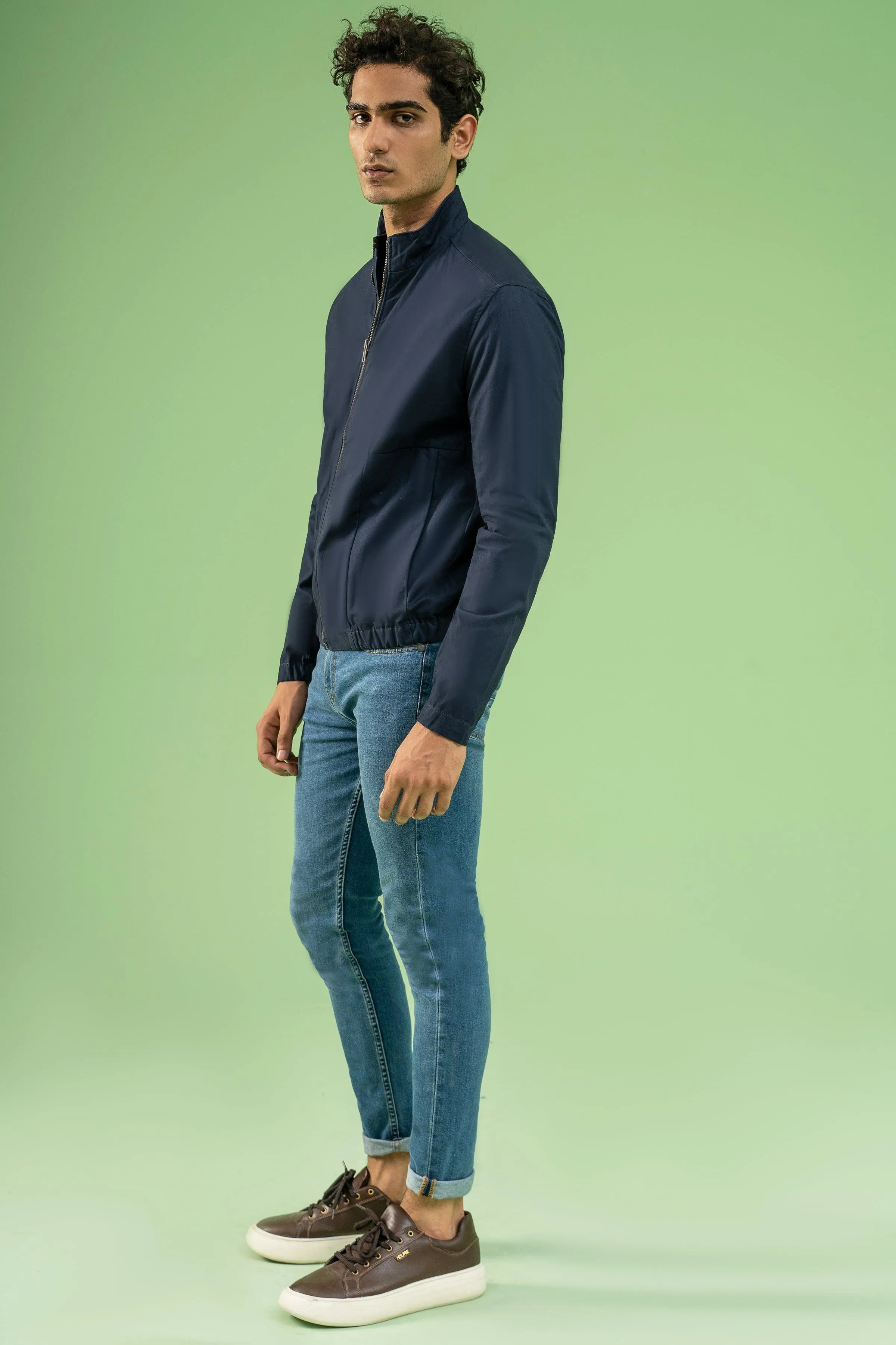 FULL SLEEVE BOTTOM ELASTICATED COTTON JACKET NAVY