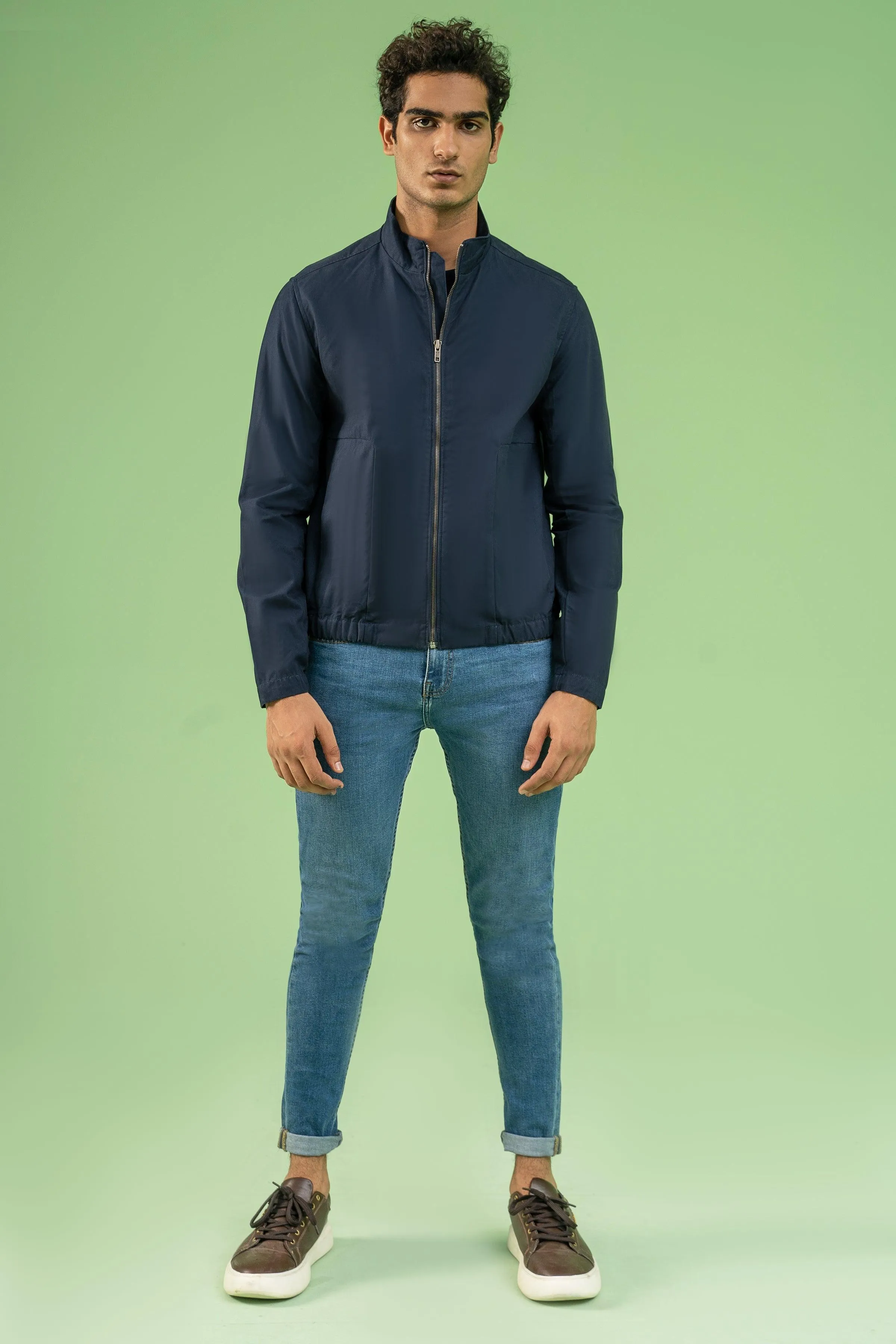 FULL SLEEVE BOTTOM ELASTICATED COTTON JACKET NAVY
