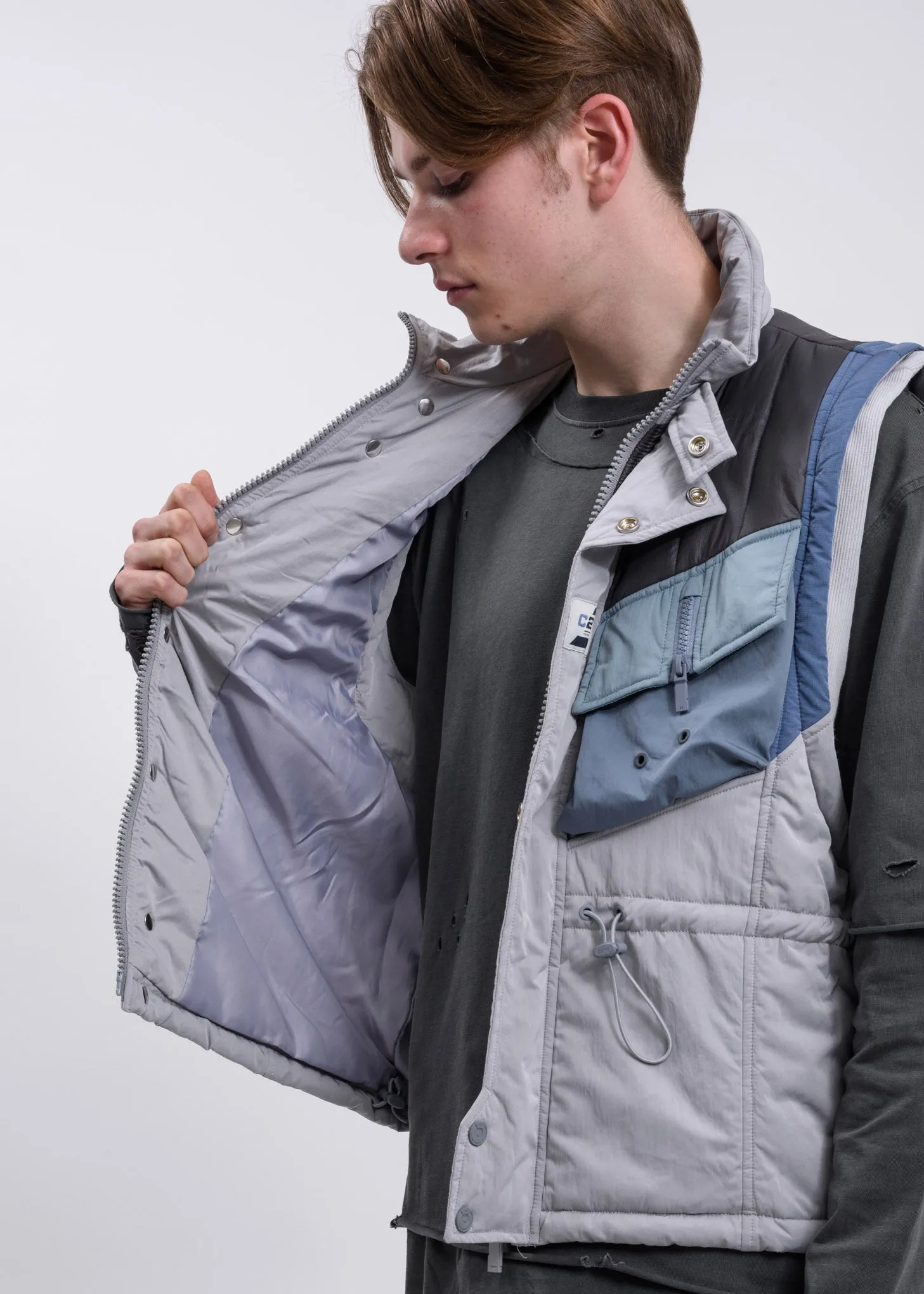 Grey And Blue Memory Supervisor Panelled Quilted Gilet Vest