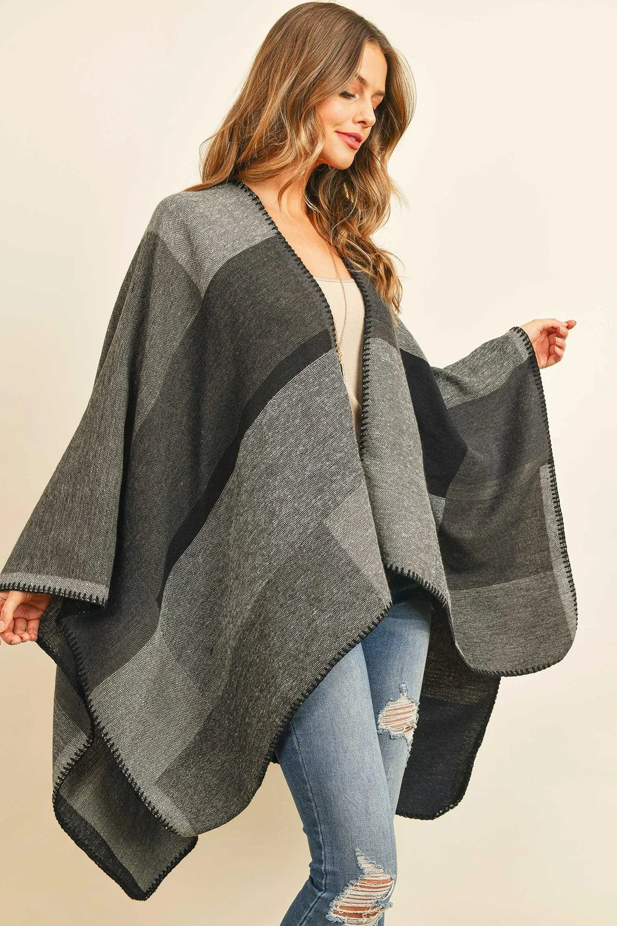 Hdf3151bk - Black Plaid Open Front Kimono