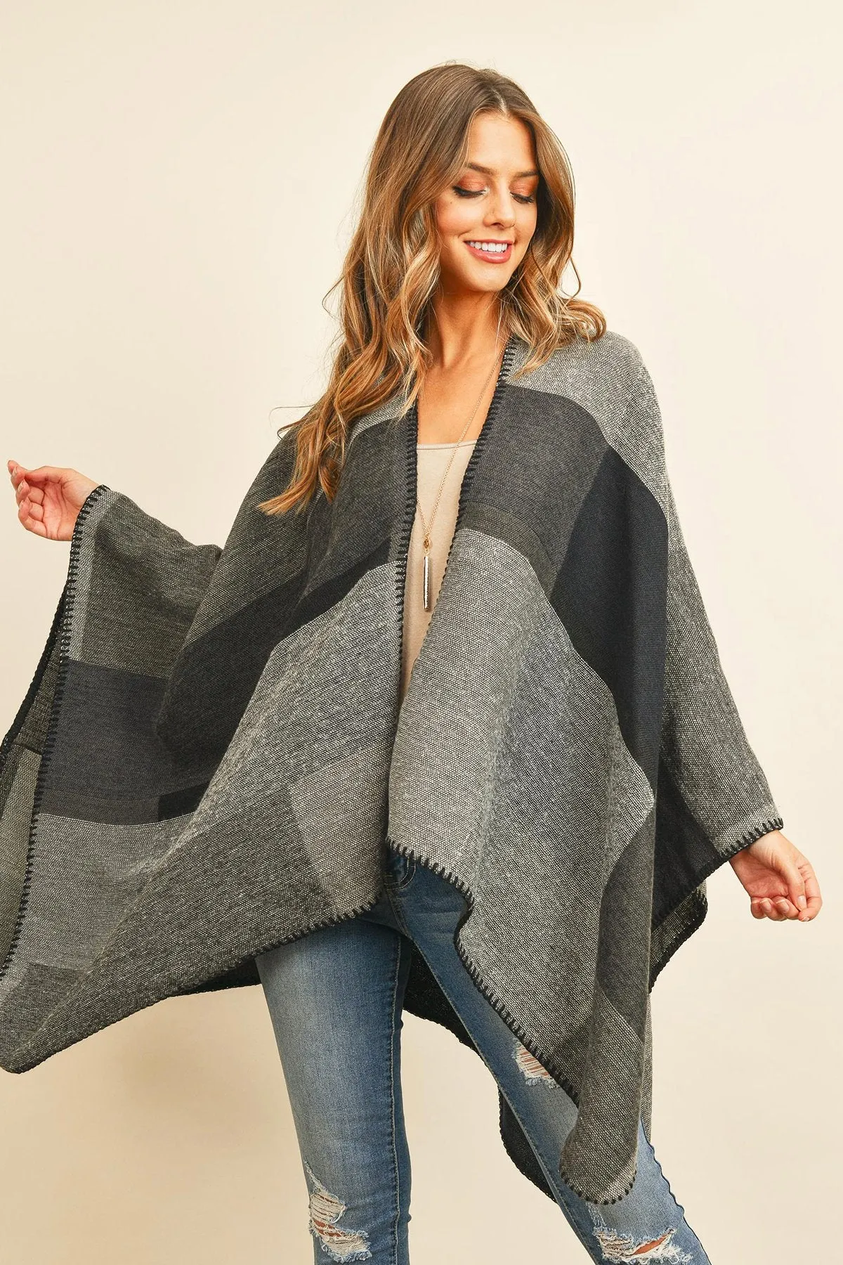 Hdf3151bk - Black Plaid Open Front Kimono