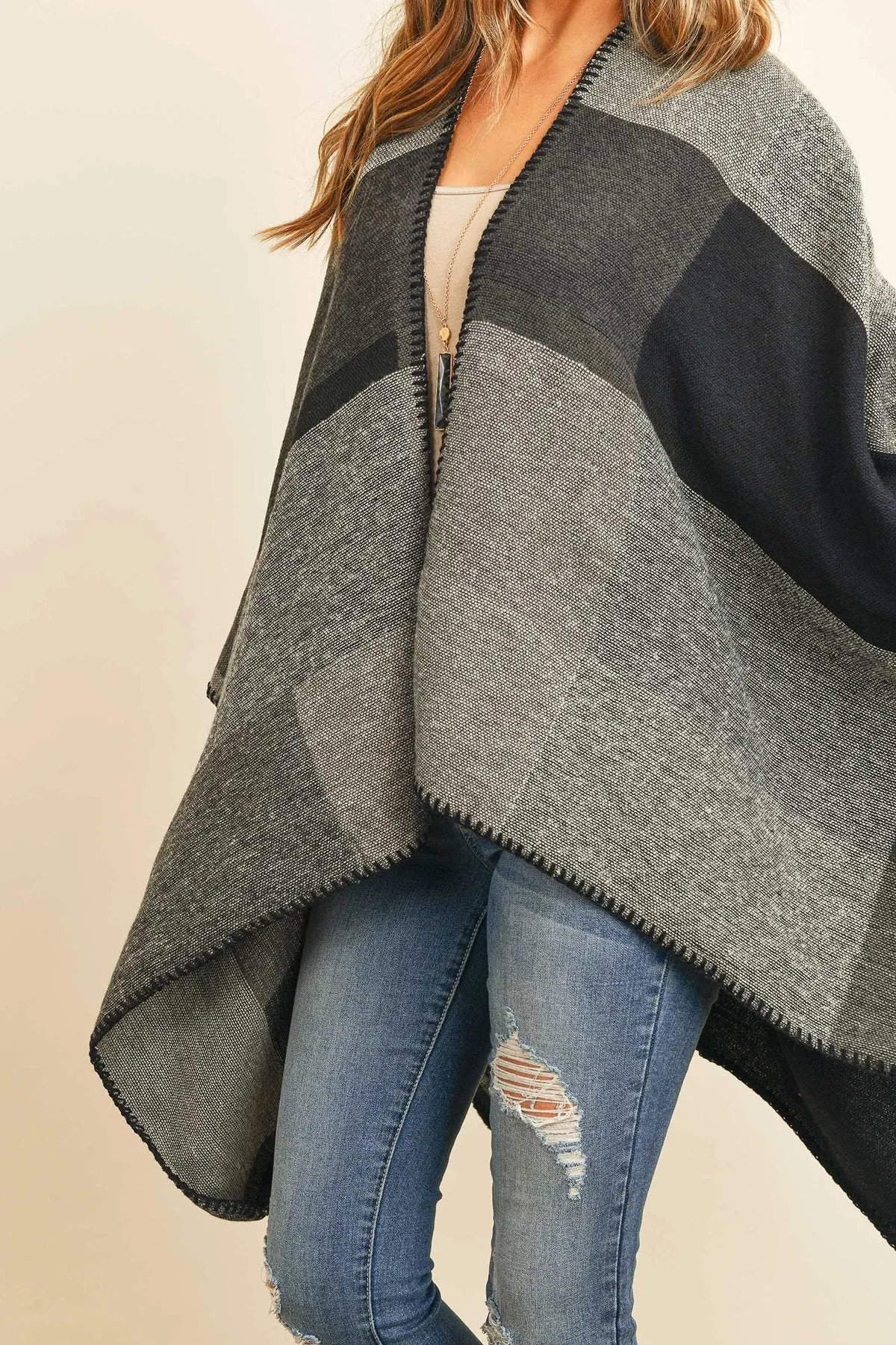 Hdf3151bk - Black Plaid Open Front Kimono