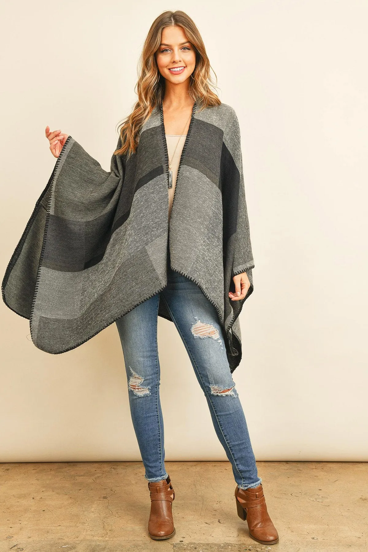 Hdf3151bk - Black Plaid Open Front Kimono