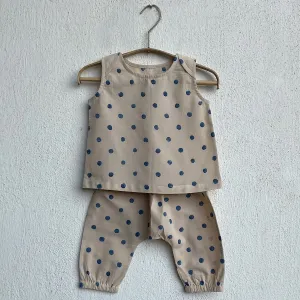 Kids Unisex Organic Cotton Indigo Beige Polka Jhabla with Polka Pants