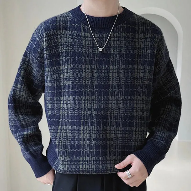 Knitted Round Neck Plaid Contrast Sweater