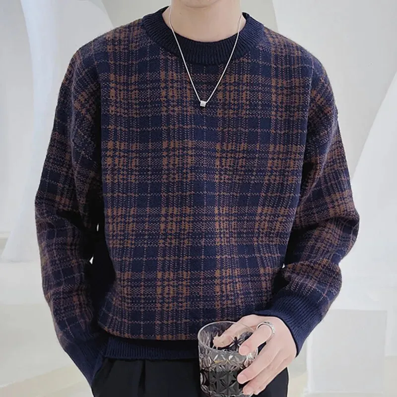 Knitted Round Neck Plaid Contrast Sweater