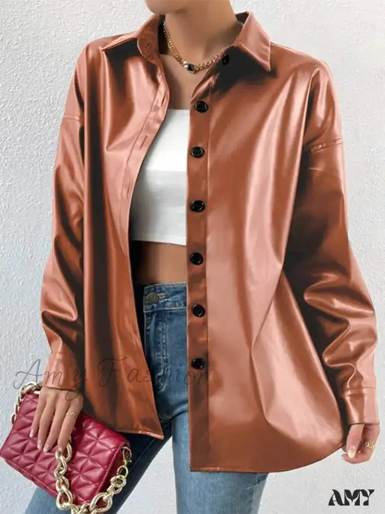 Leather Autumn Thin Bomber Vintage Long Sleeve Buttons Lapel Casual Solid Work Jacket