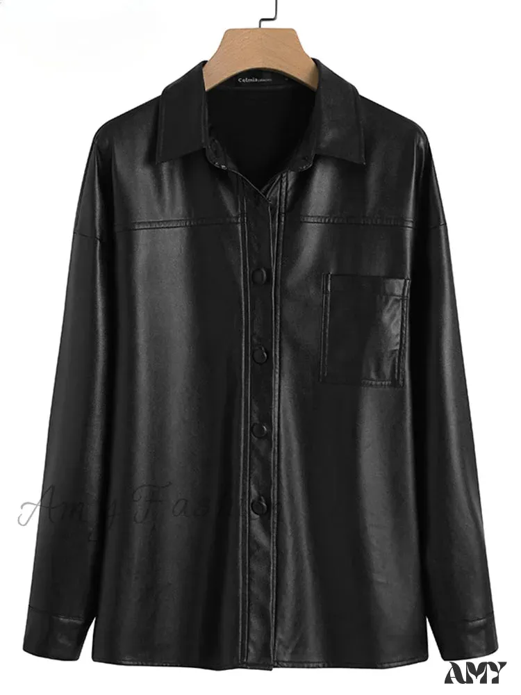 Leather Autumn Thin Bomber Vintage Long Sleeve Buttons Lapel Casual Solid Work Jacket