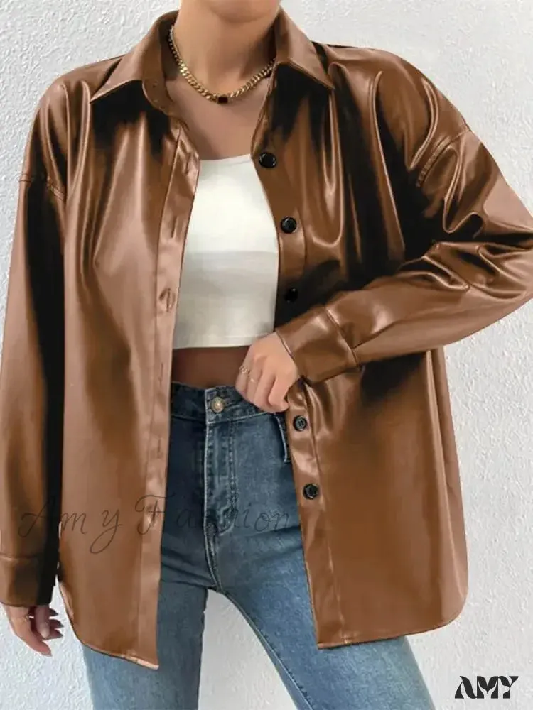 Leather Autumn Thin Bomber Vintage Long Sleeve Buttons Lapel Casual Solid Work Jacket